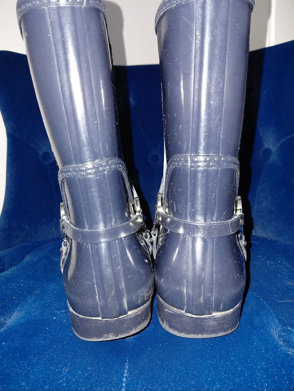 Michael Kors Fulton Harness Rain Booties Navy Blue Rubber MK Logo Riding 11